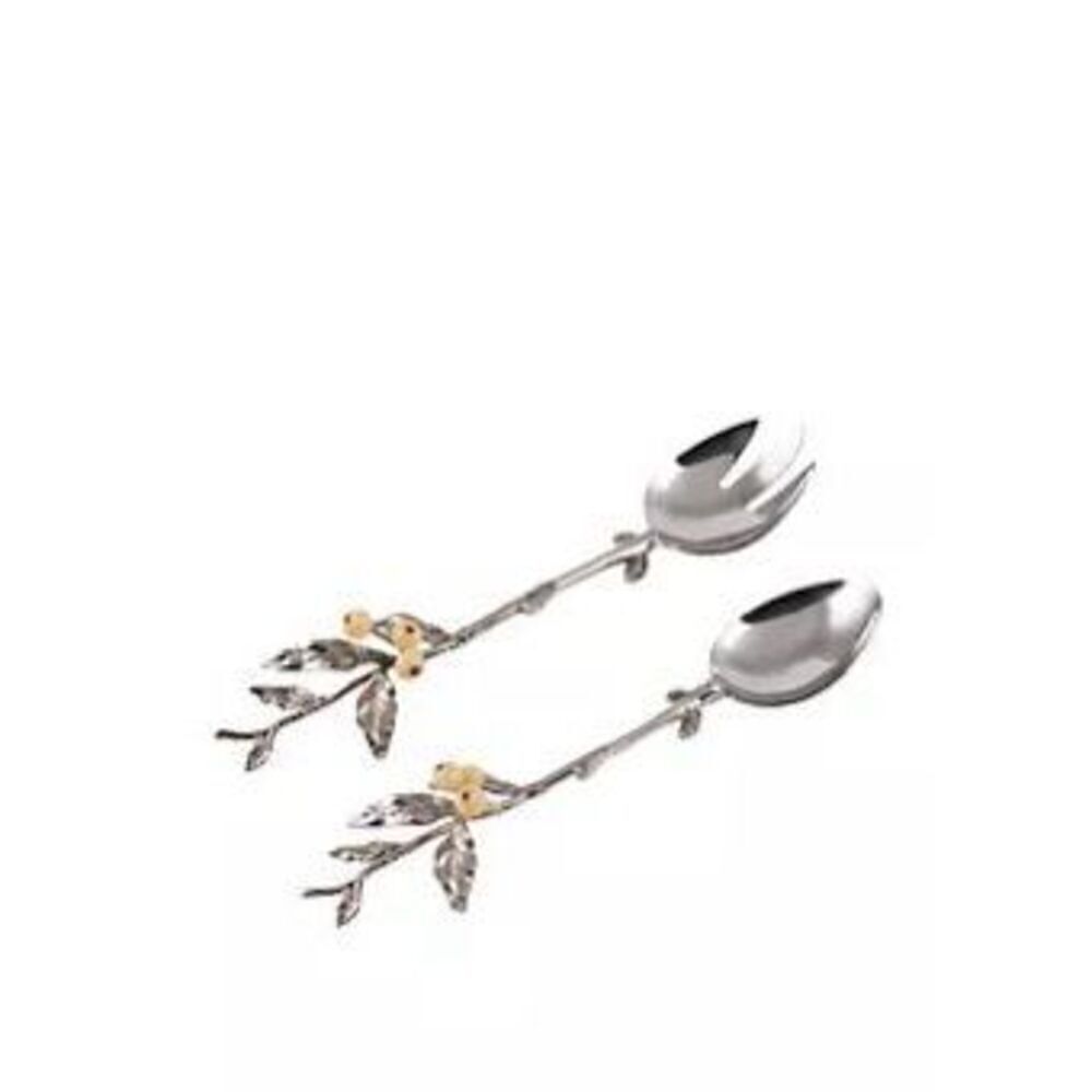 Fitz & Floyd Woodgrove Silver Tone Salad Serving Set Fork & Spoon Twigs